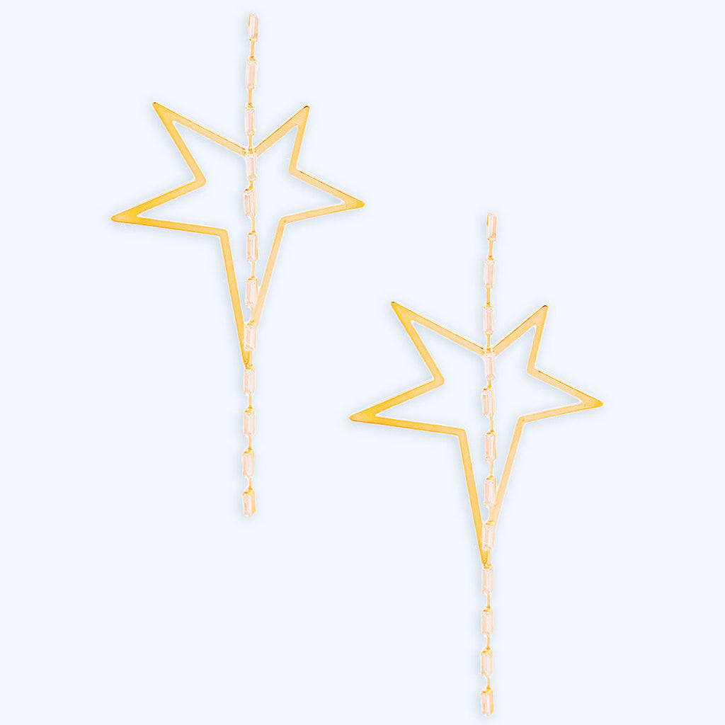 Statement Gold Star Crystal Baguette Earrings Stylish Chic Jewelry Accessory