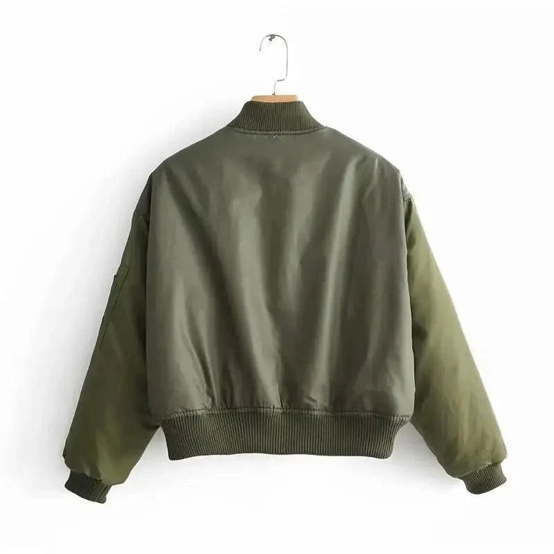 New Classic Design Autumn Winter Green Short Jackets Women Fashionable Long Sleeve Zipper Bomber Jacket Outwear Women's Coat