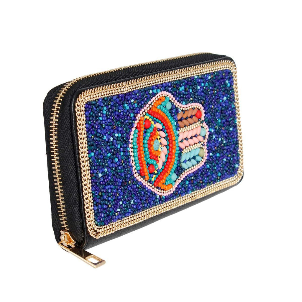 Beaded Wallet with Blue Hamsa Charm – Stylish Fashion Accessory