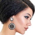 Round Greek Key Charm Earrings Silver Black Stylish Statement Jewelry
