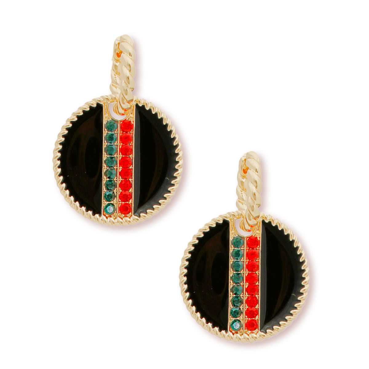 Twisted Gold Hoop Earrings with Black Stripe Charm – Stylish Statement Jewelry