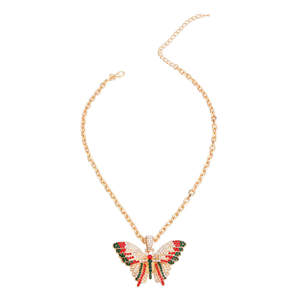 Statement Butterfly Necklace with Red and Green Colors, Trendy Fashion Jewelry