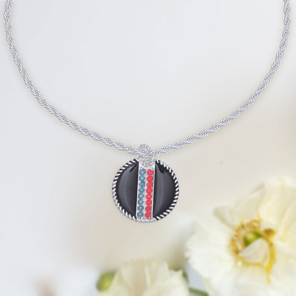 Pendant Necklace with Black Stripe and Silver Twisted Chain, Stylish Fashion Jewelry