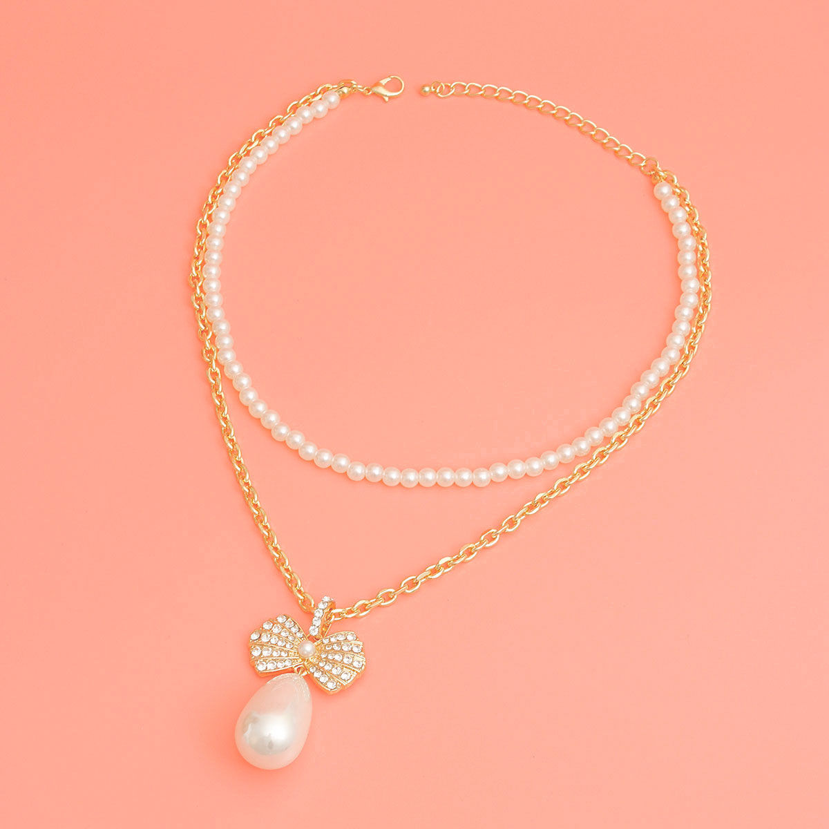 Layered Double Pearl Bow Necklace Gold Stylish Statement Jewelry
