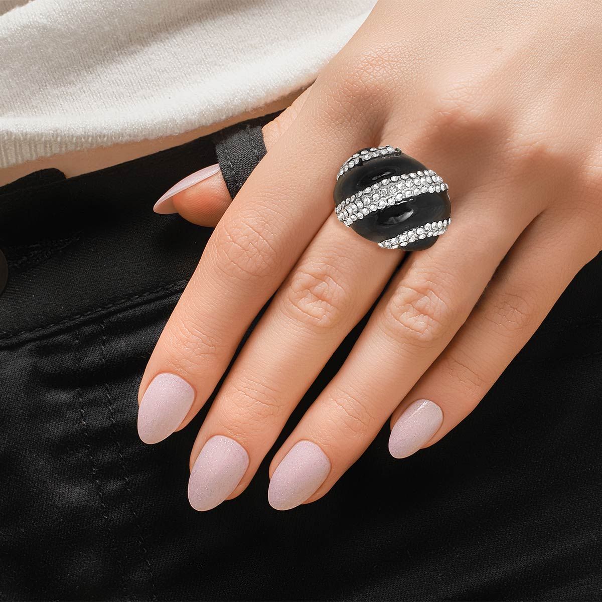 Statement Dome Cocktail Ring in Black and Silver, Stylish Fashion Jewelry