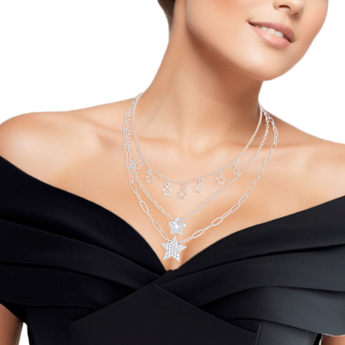 Layered Silver Star Necklace Set 3-Layer Dainty Chain Stylish Jewelry