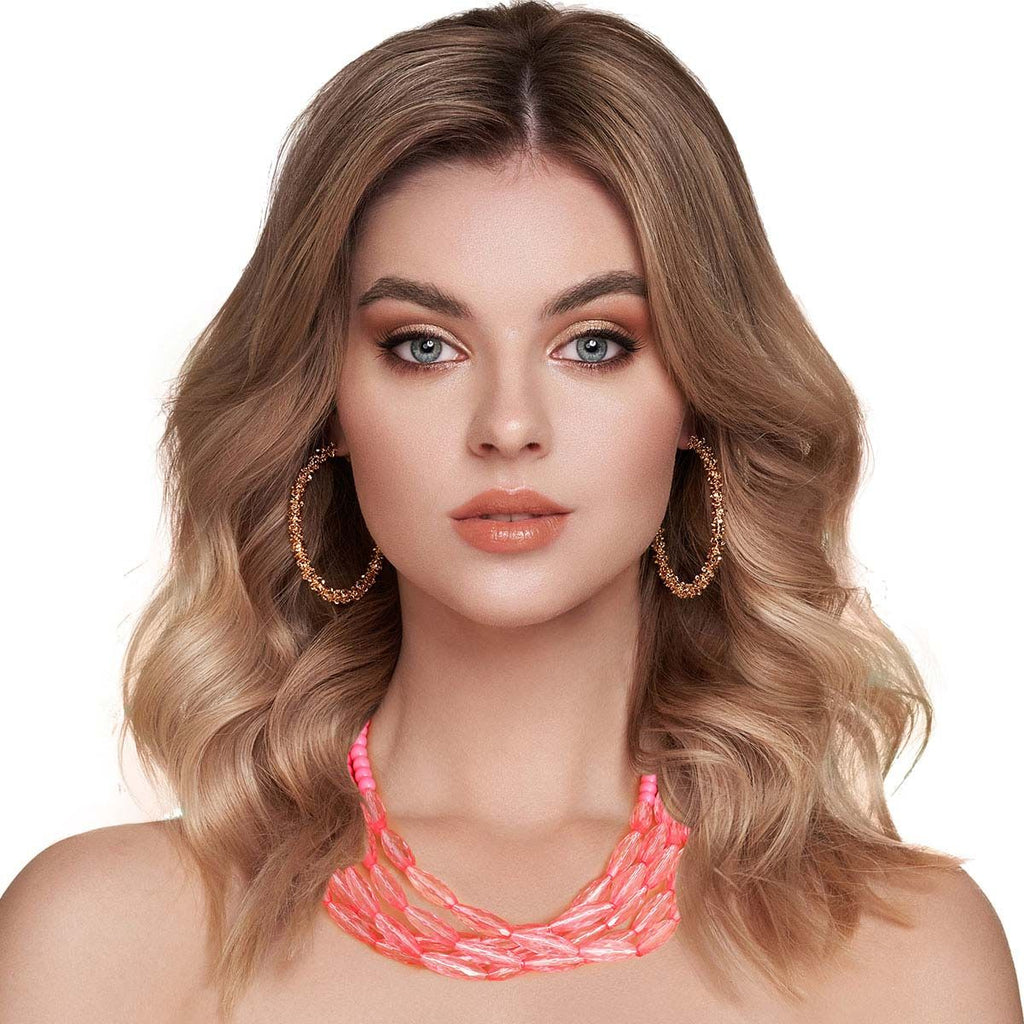 5 Strand Pink Glass Bead Statement Necklace Layered Jewelry
