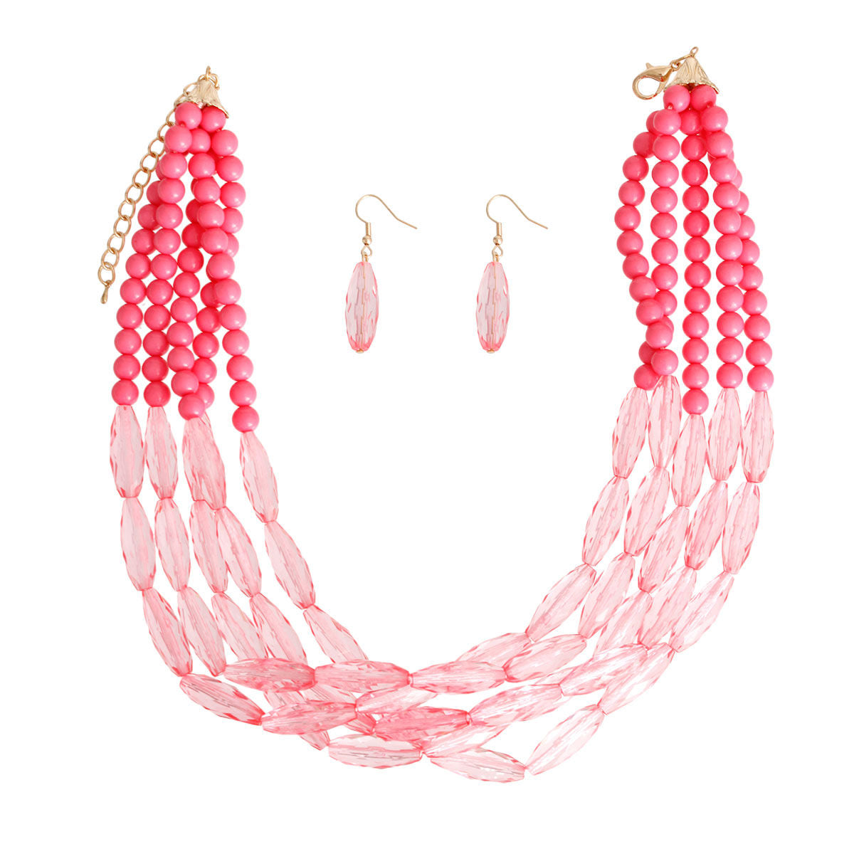 5 Strand Pink Glass Bead Statement Necklace Layered Jewelry