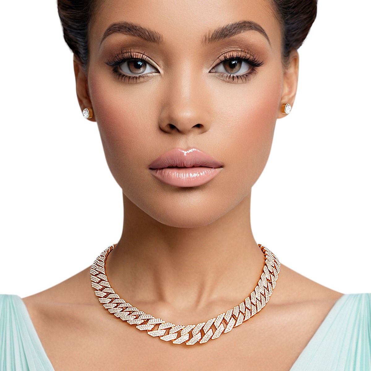 Women’s Gold Cuban Chain Necklace Set Iced Diamond Stylish Jewelry