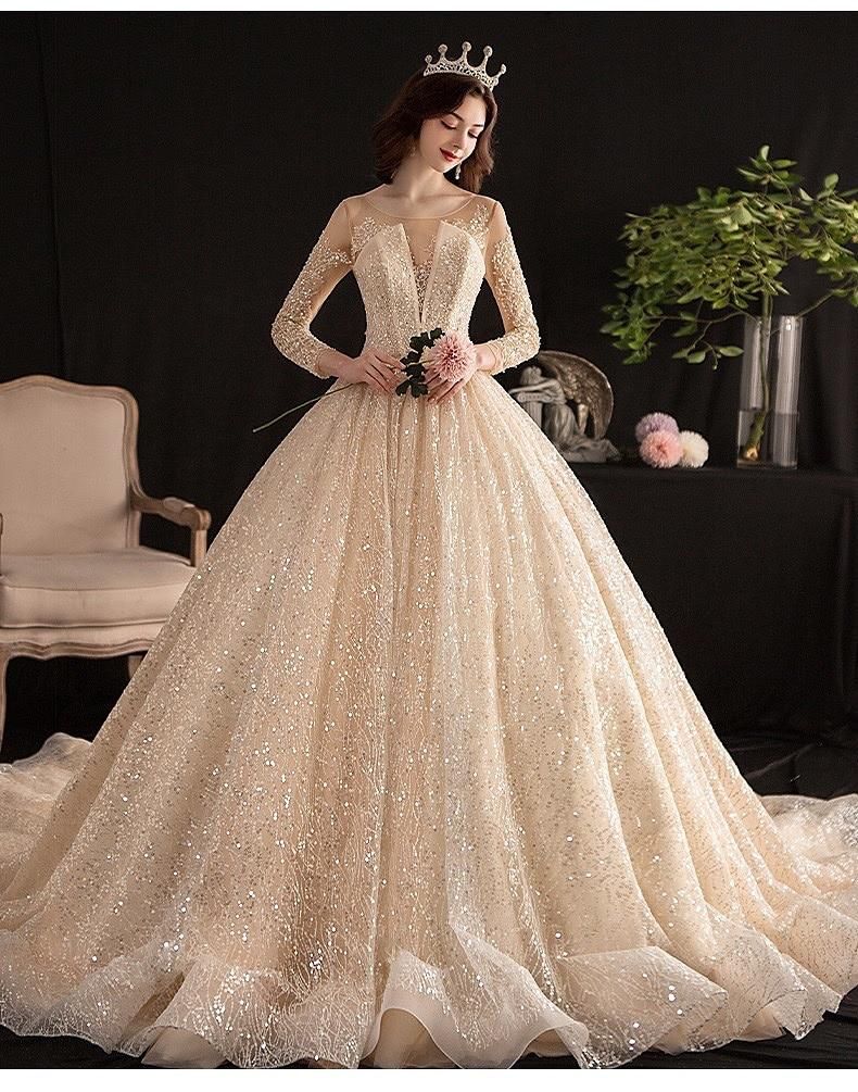 Luxury Shiny Wedding Dress with Long Sleeves ED675