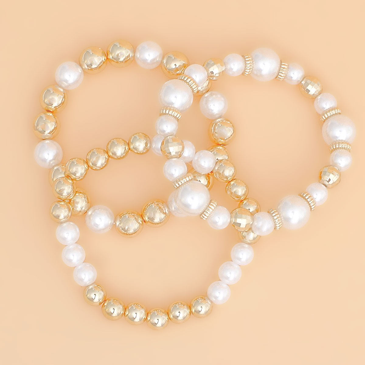 Stretch Bracelet Set 3 Pcs Gold Bead and White Pearl Stylish Chic Accessories