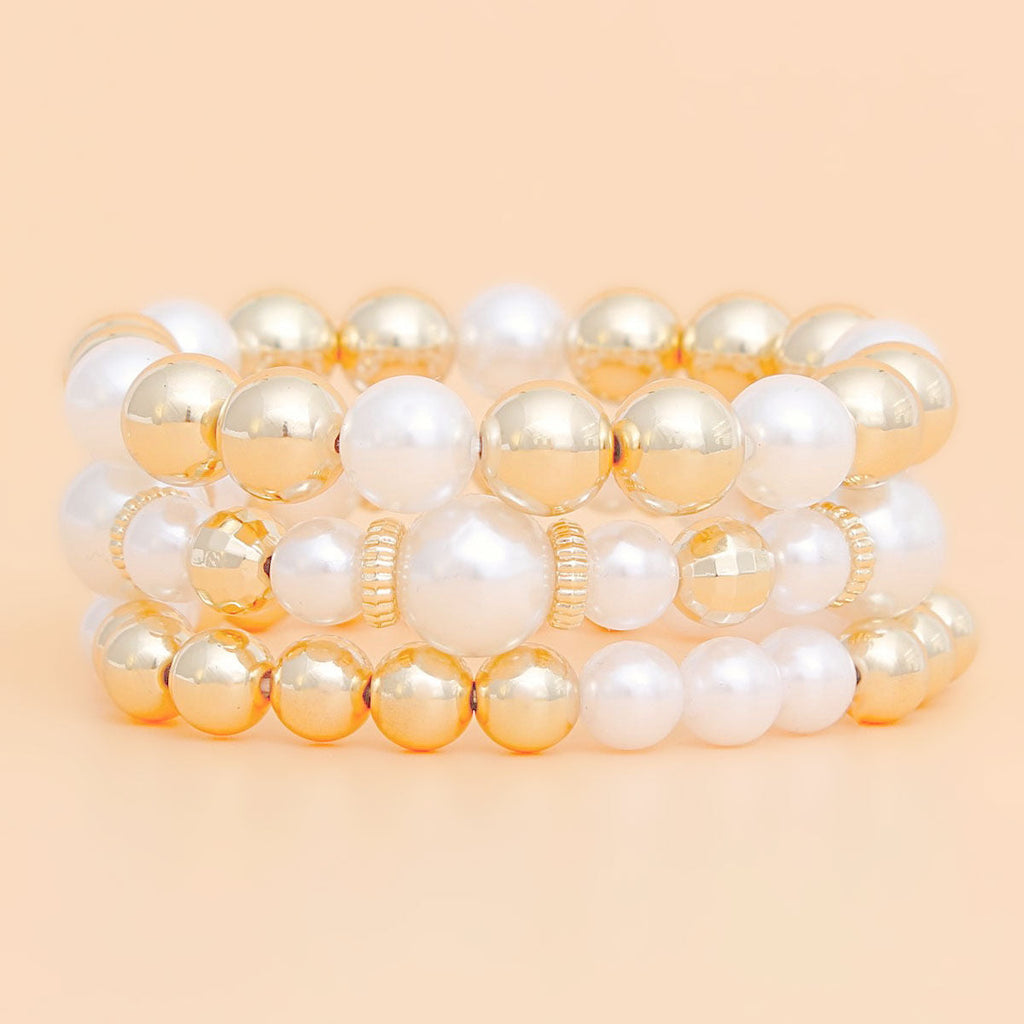 Stretch Bracelet Set 3 Pcs Gold Bead and White Pearl Stylish Chic Accessories
