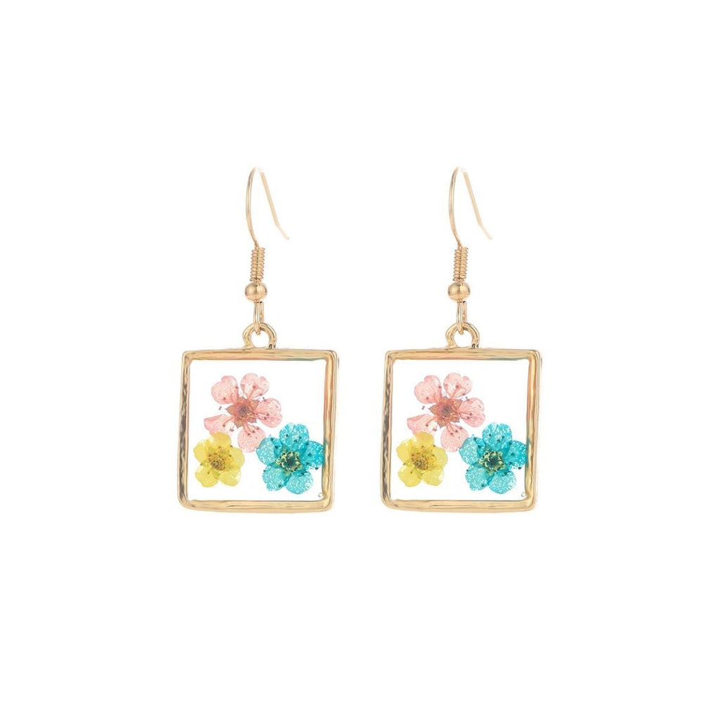 Statement Square Gold Dried Flower Earrings Stylish Chic Jewelry