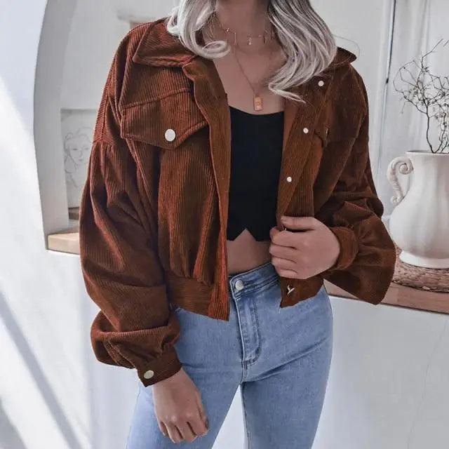Sizzling Women's Corduroy Lantern Long Sleeves Stylish Jacket Fall Winter Elegant In Solid Color Loose Casual Short Jackets