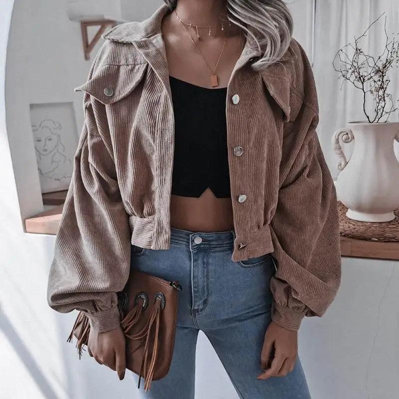 Sizzling Women's Corduroy Lantern Long Sleeves Stylish Jacket Fall Winter Elegant In Solid Color Loose Casual Short Jackets