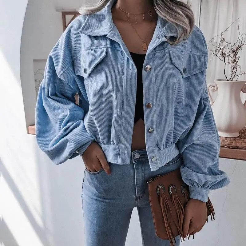 Sizzling Women's Corduroy Lantern Long Sleeves Stylish Jacket Fall Winter Elegant In Solid Color Loose Casual Short Jackets