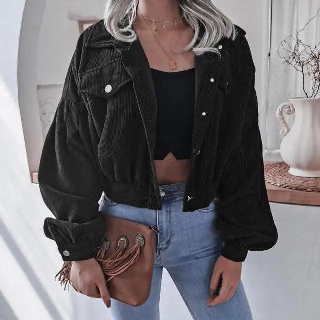 Sizzling Women's Corduroy Lantern Long Sleeves Stylish Jacket Fall Winter Elegant In Solid Color Loose Casual Short Jackets