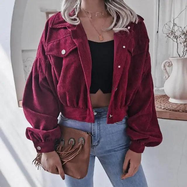 Sizzling Women's Corduroy Lantern Long Sleeves Stylish Jacket Fall Winter Elegant In Solid Color Loose Casual Short Jackets