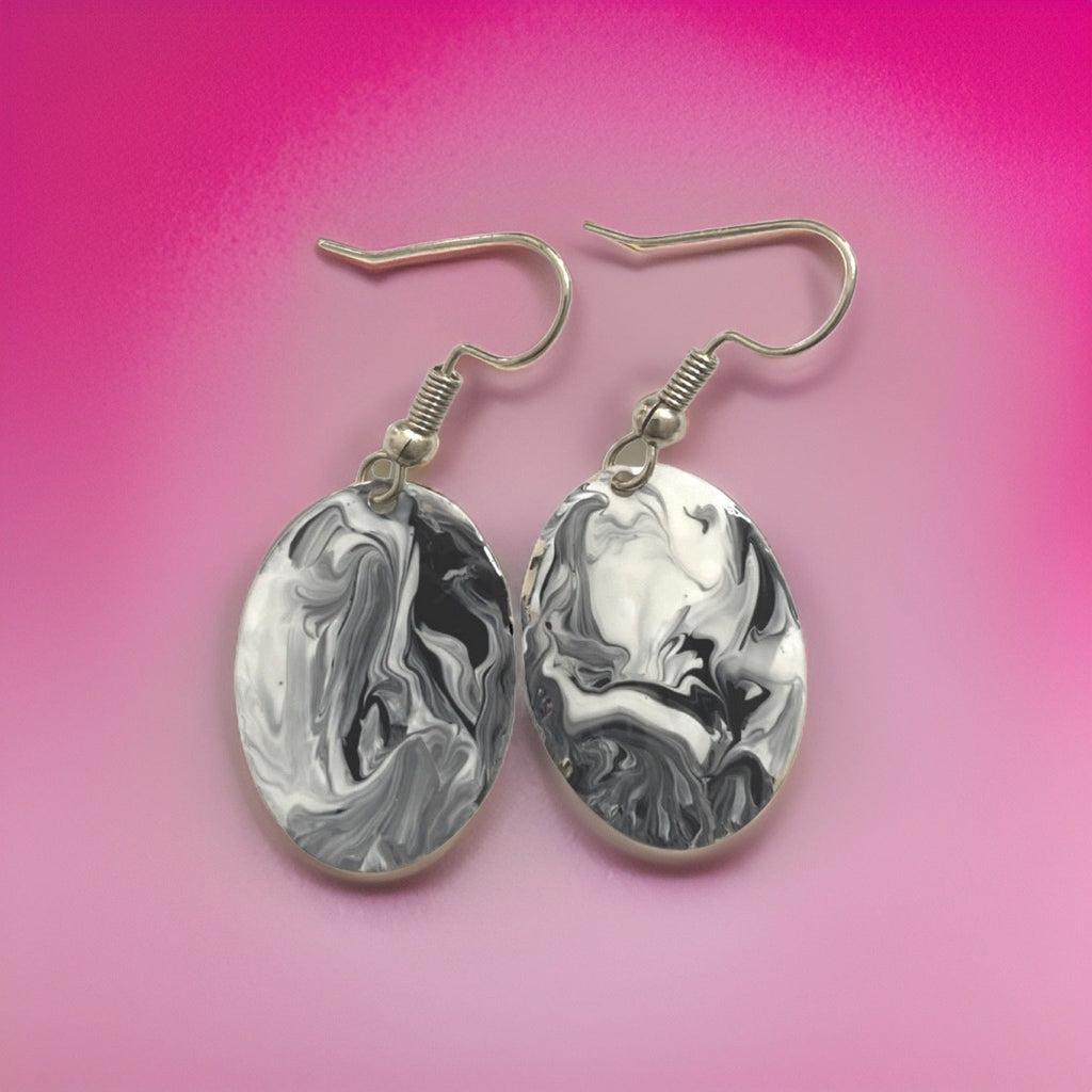 Black & White Hand Painted Marbleized Mini Oval Earrings