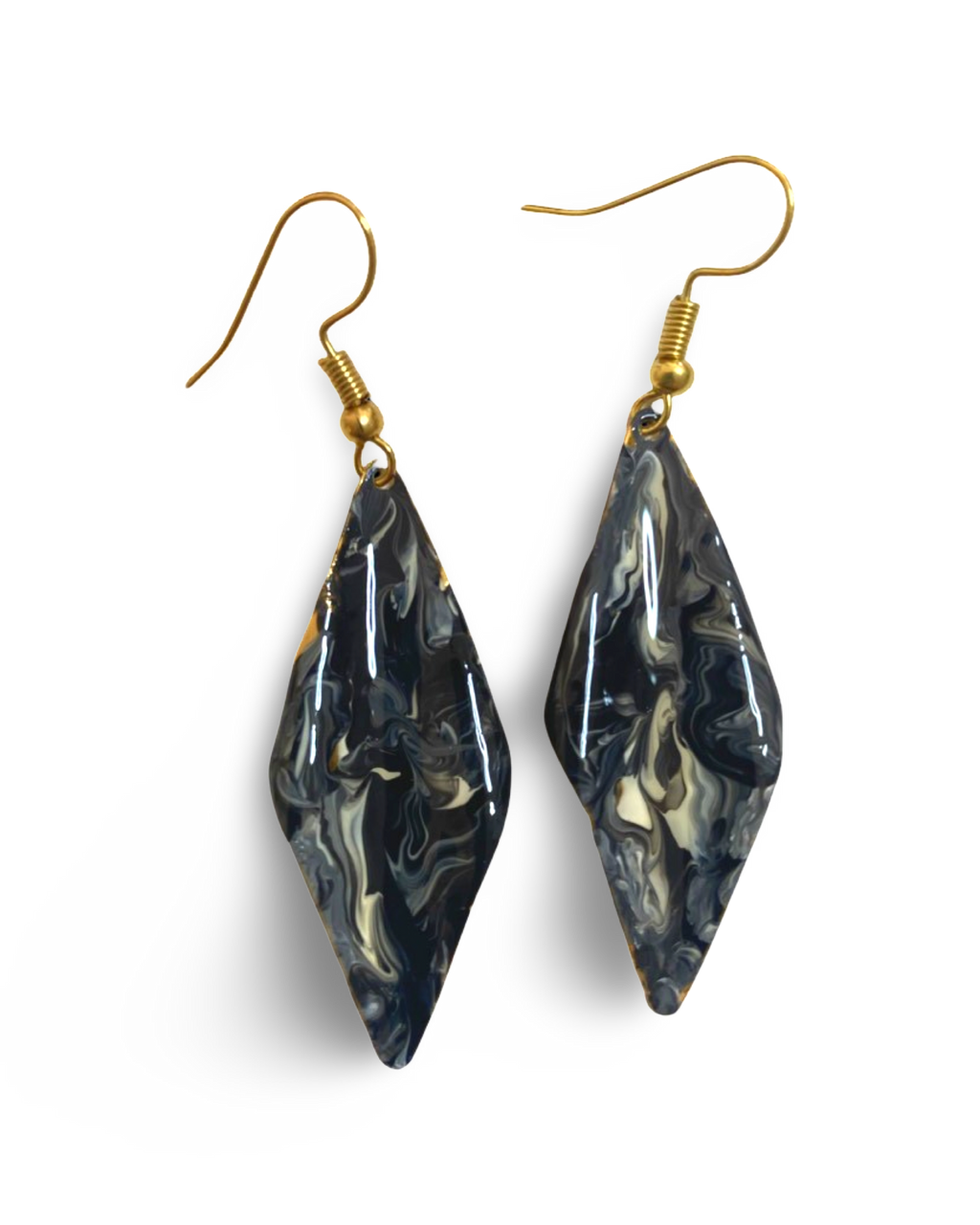 Hand Painted Black & White Marbleized Hammered Wavy Dangle Earrings