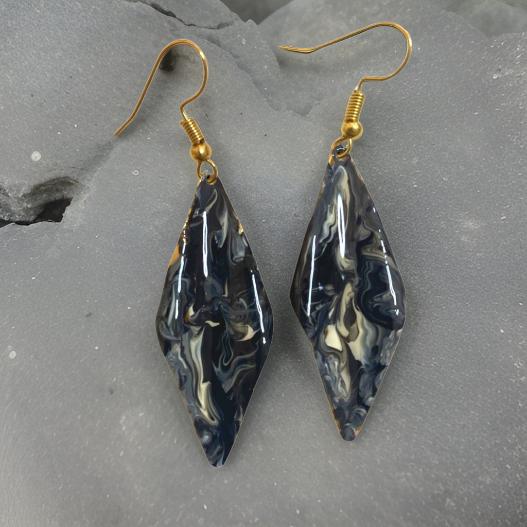 Hand Painted Black & White Marbleized Hammered Wavy Dangle Earrings