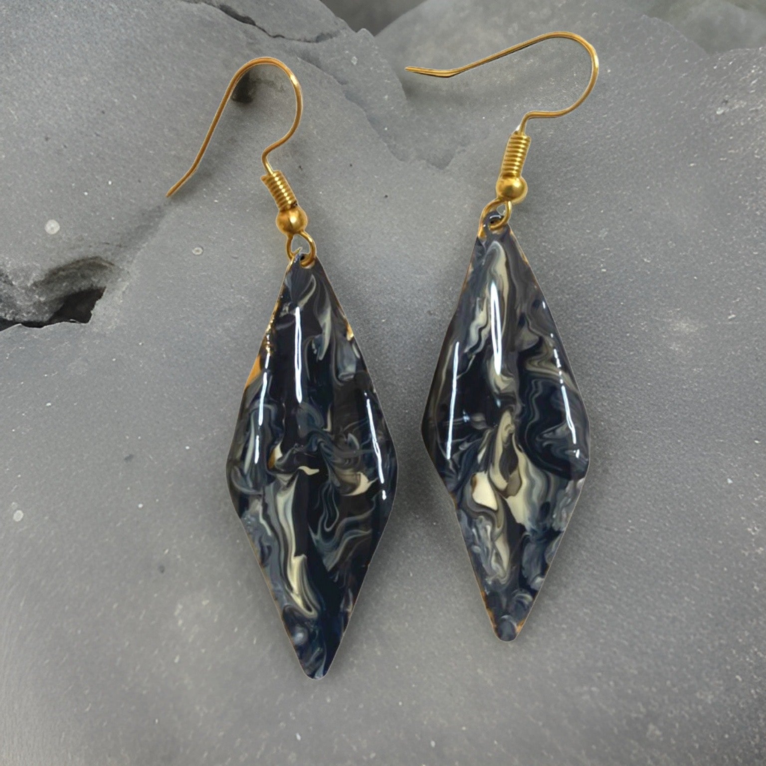 Hand Painted Black & White Marbleized Hammered Wavy Dangle Earrings
