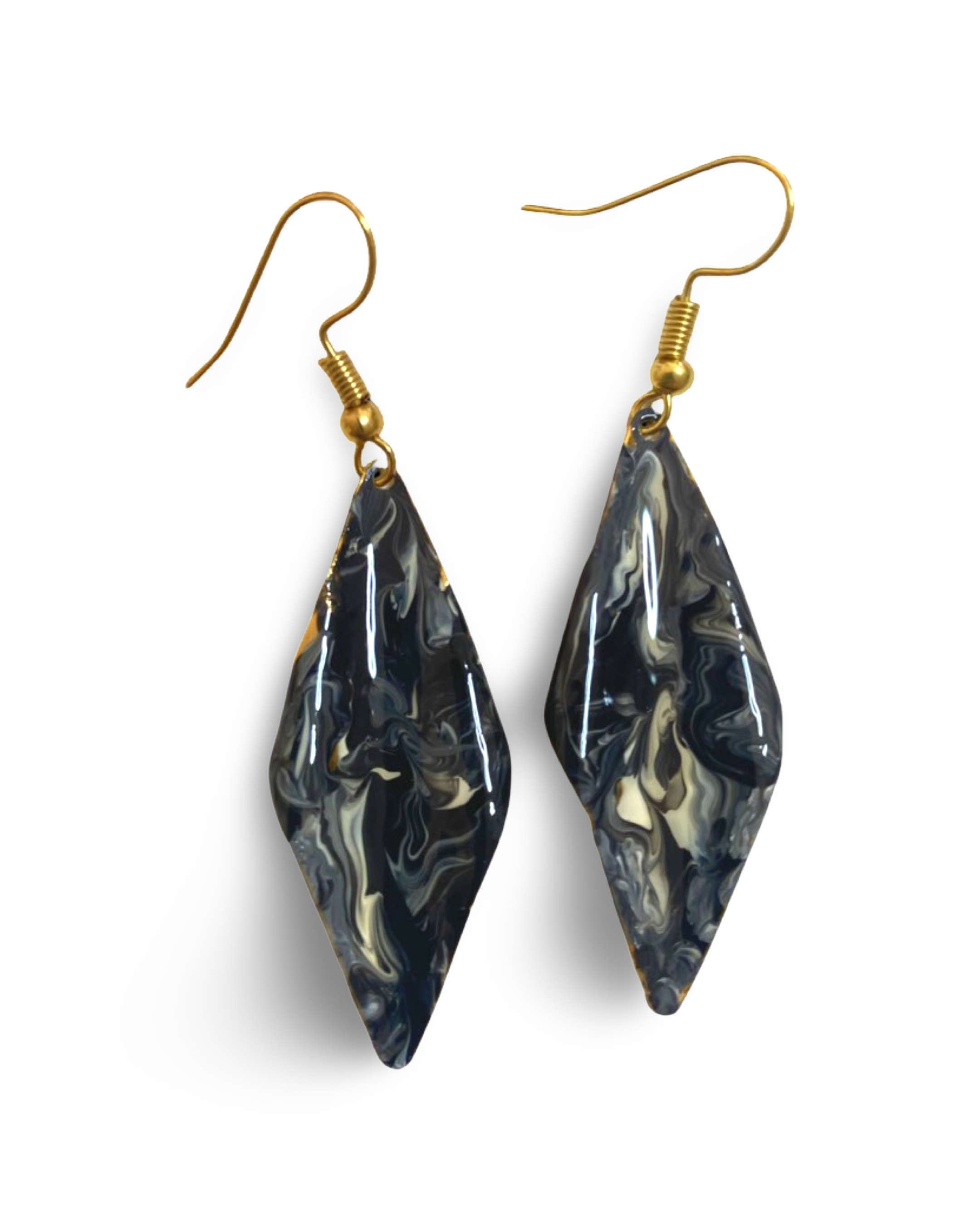 Hand Painted Black & White Marbleized Hammered Wavy Dangle Earrings