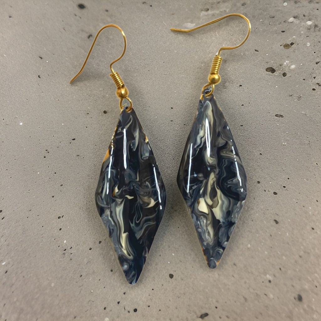 Hand Painted Black & White Marbleized Hammered Wavy Dangle Earrings