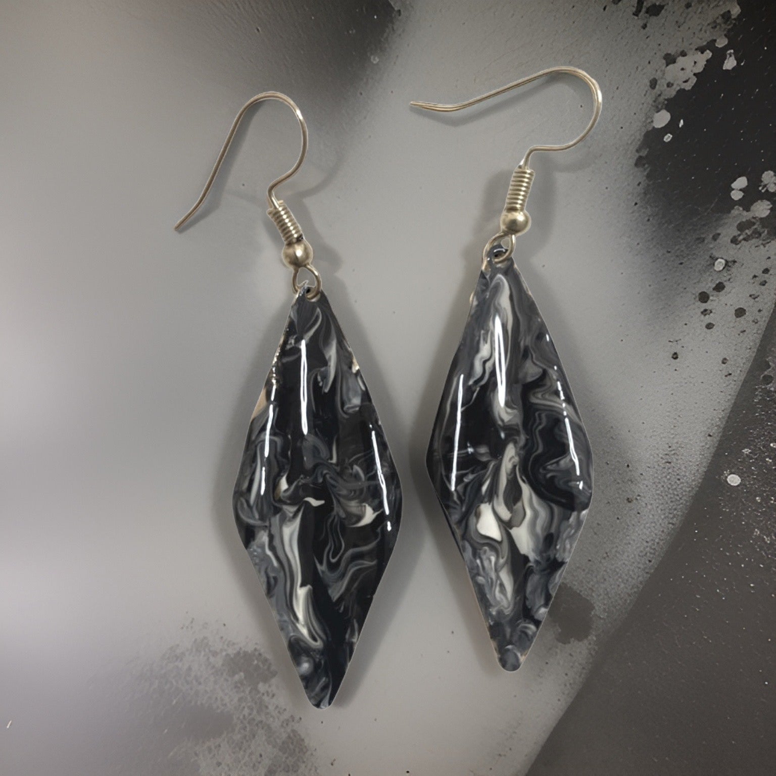 Hand Painted Black & White Marbleized Hammered Wavy Dangle Earrings