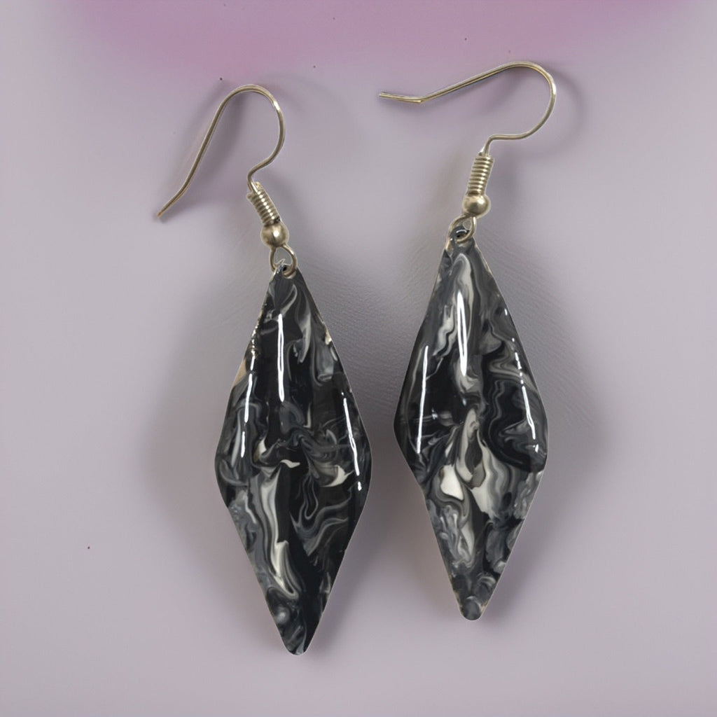Hand Painted Black & White Marbleized Hammered Wavy Dangle Earrings