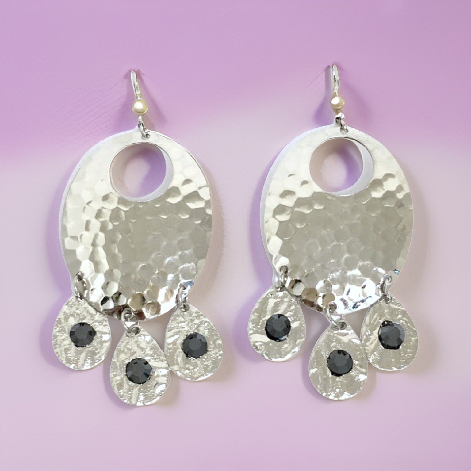 Hammered Jet Black Chandelier Earrings