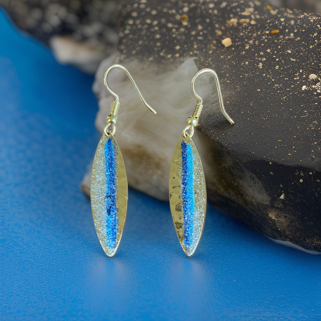 Art Deco Hand Painted Blue Mini Navette Earrings