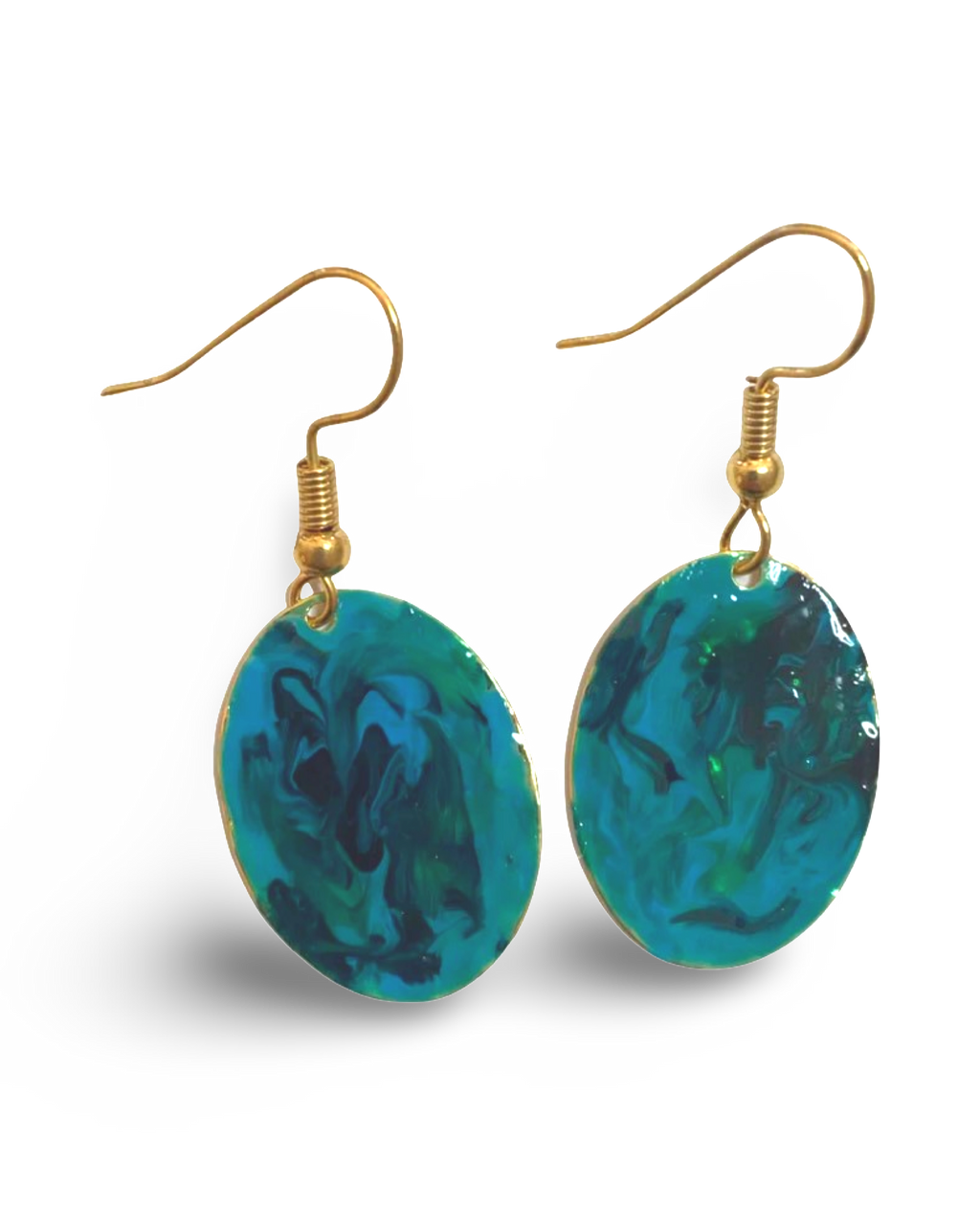 Blue & Green Hand Painted Marbleized Mini Oval Earrings