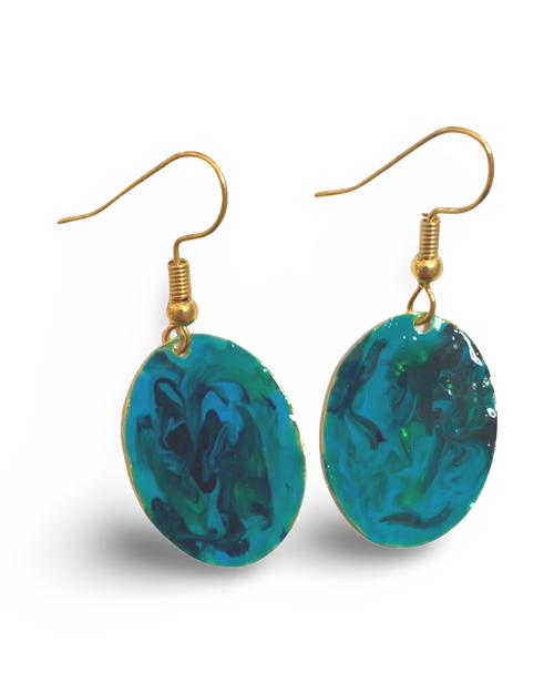 Blue & Green Hand Painted Marbleized Mini Oval Earrings