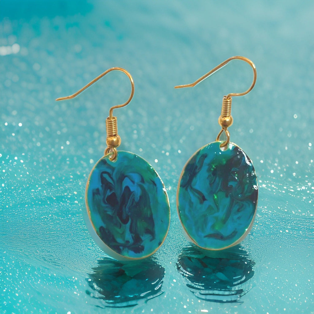 Blue & Green Hand Painted Marbleized Mini Oval Earrings