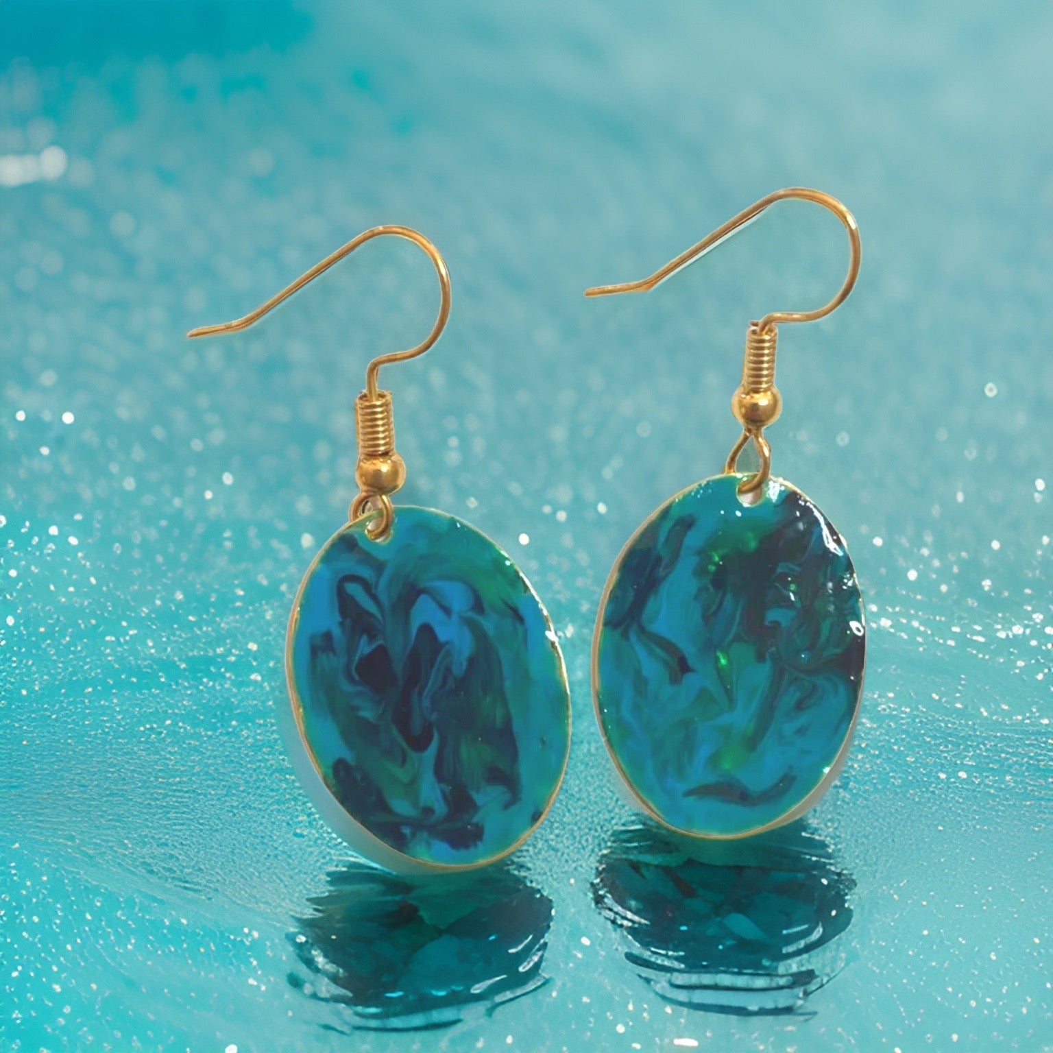 Blue & Green Hand Painted Marbleized Mini Oval Earrings