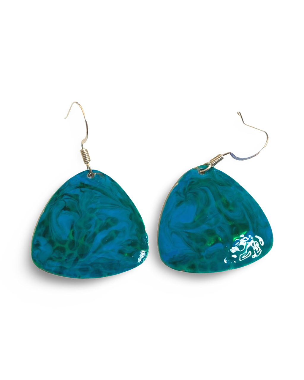 Blue & Green Hand Painted Enamel Marbleized Guitar Pick Earrings