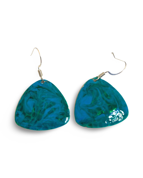 Blue & Green Hand Painted Enamel Marbleized Guitar Pick Earrings
