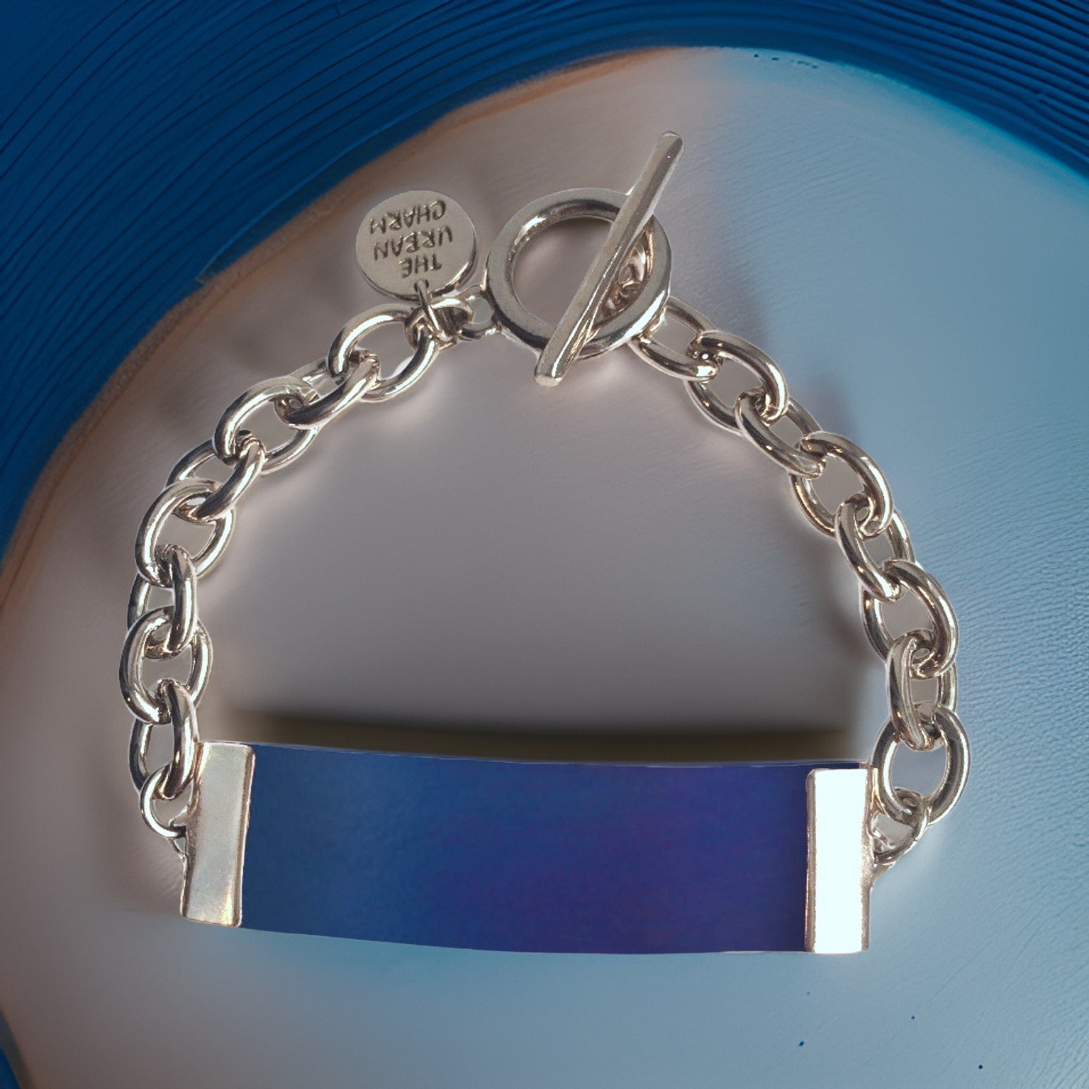 Blue Leather and Chain ID Toggle Bracelet