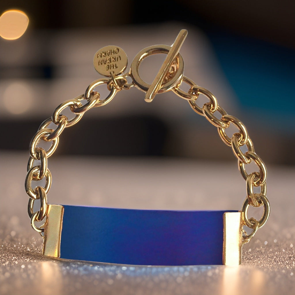 Blue Leather and Chain ID Toggle Bracelet
