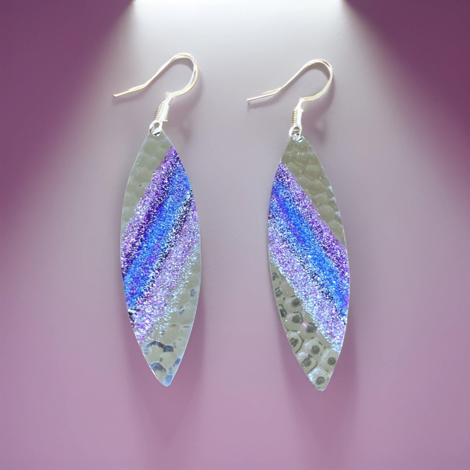 Art Deco Hand Painted Purple & Blue Navette Earrings