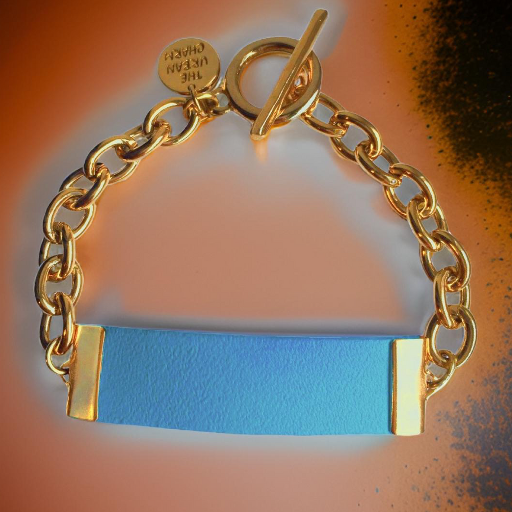 Baby Blue Leather and Chain ID Toggle Bracelet by The Urban Charm