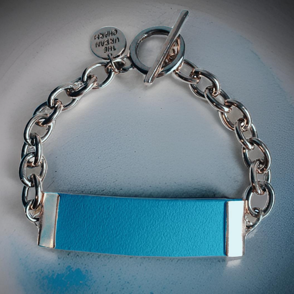 Baby Blue Leather and Chain ID Toggle Bracelet by The Urban Charm