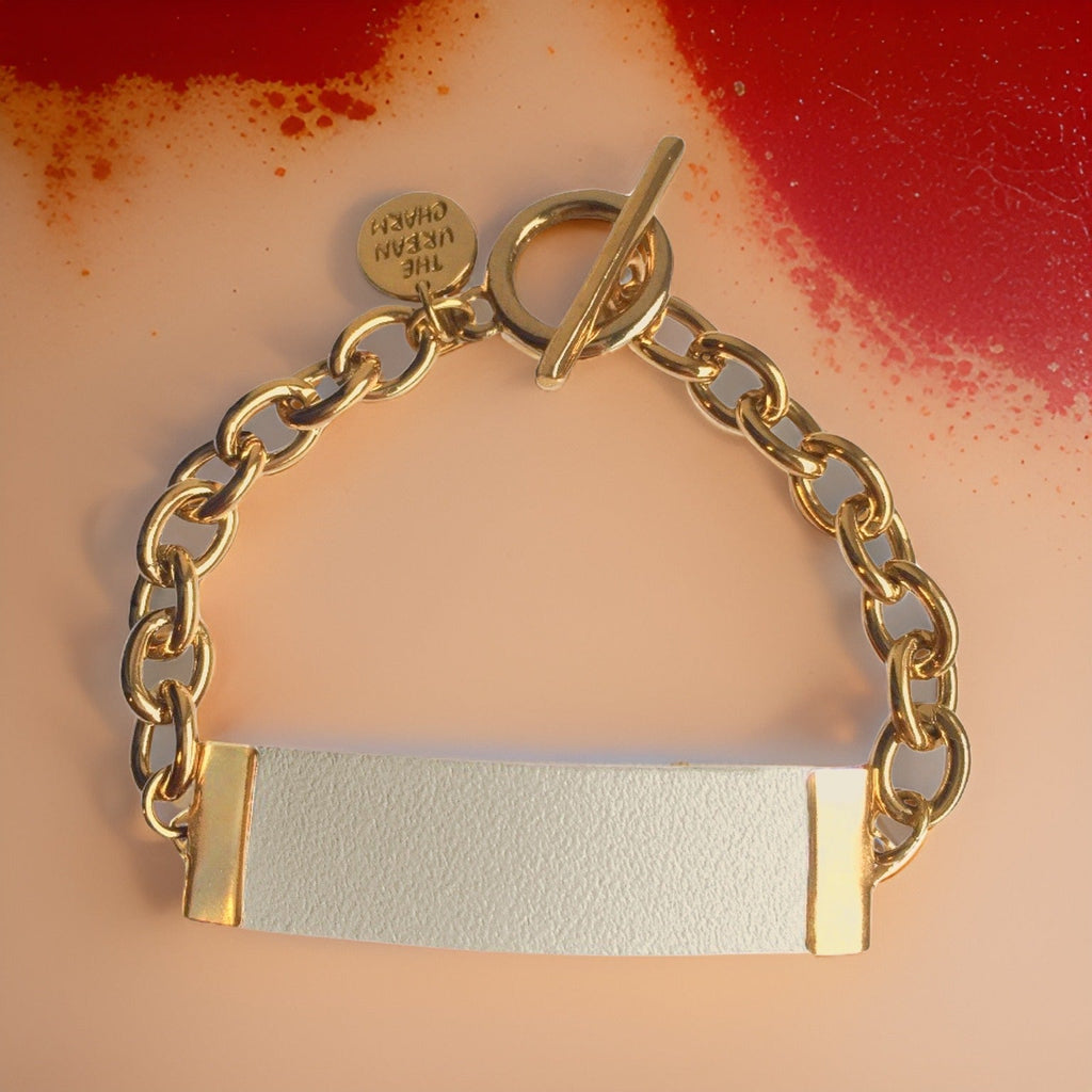 White Genuine Leather and Chain ID Charm Toggle Bracelet