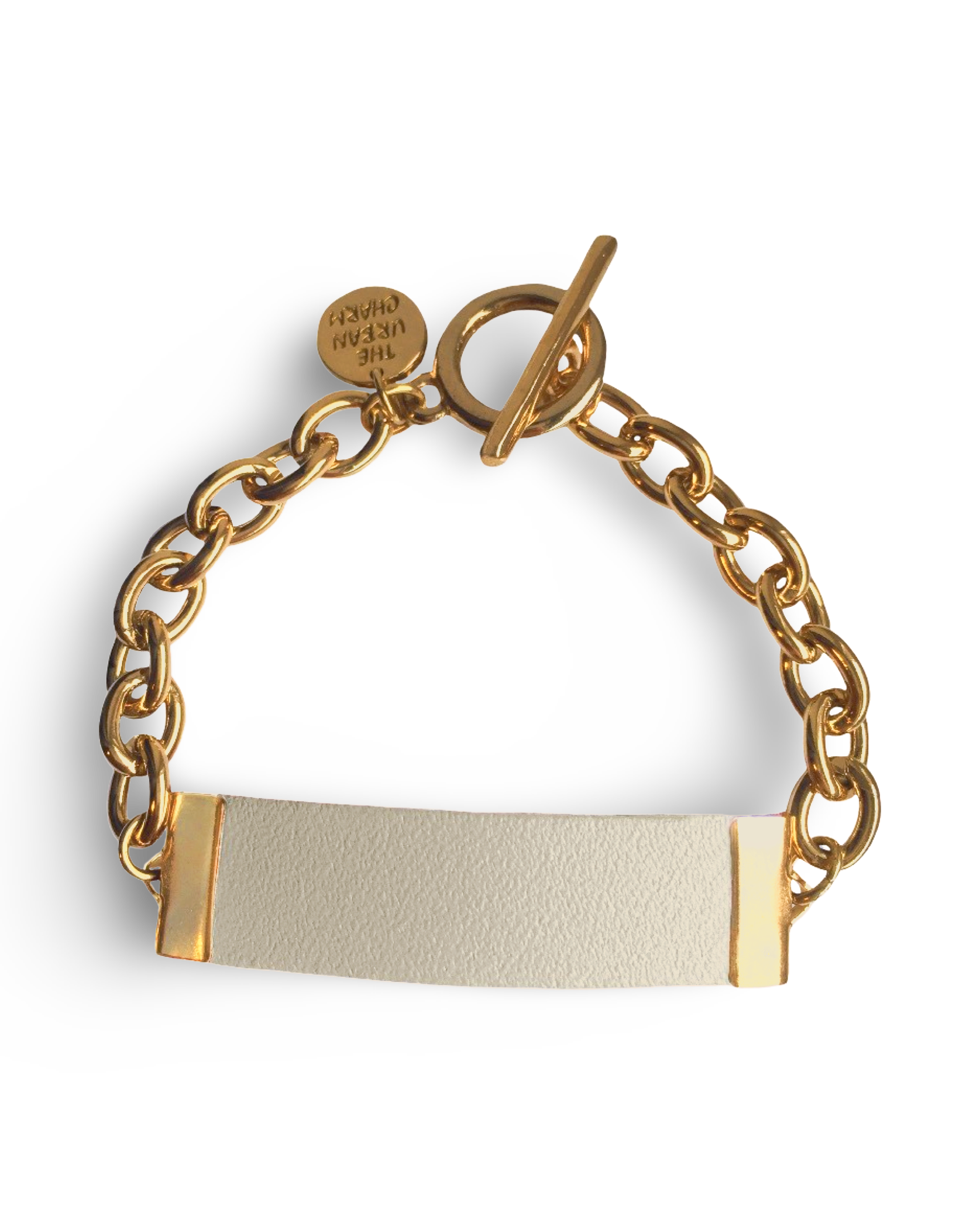 White Genuine Leather and Chain ID Charm Toggle Bracelet