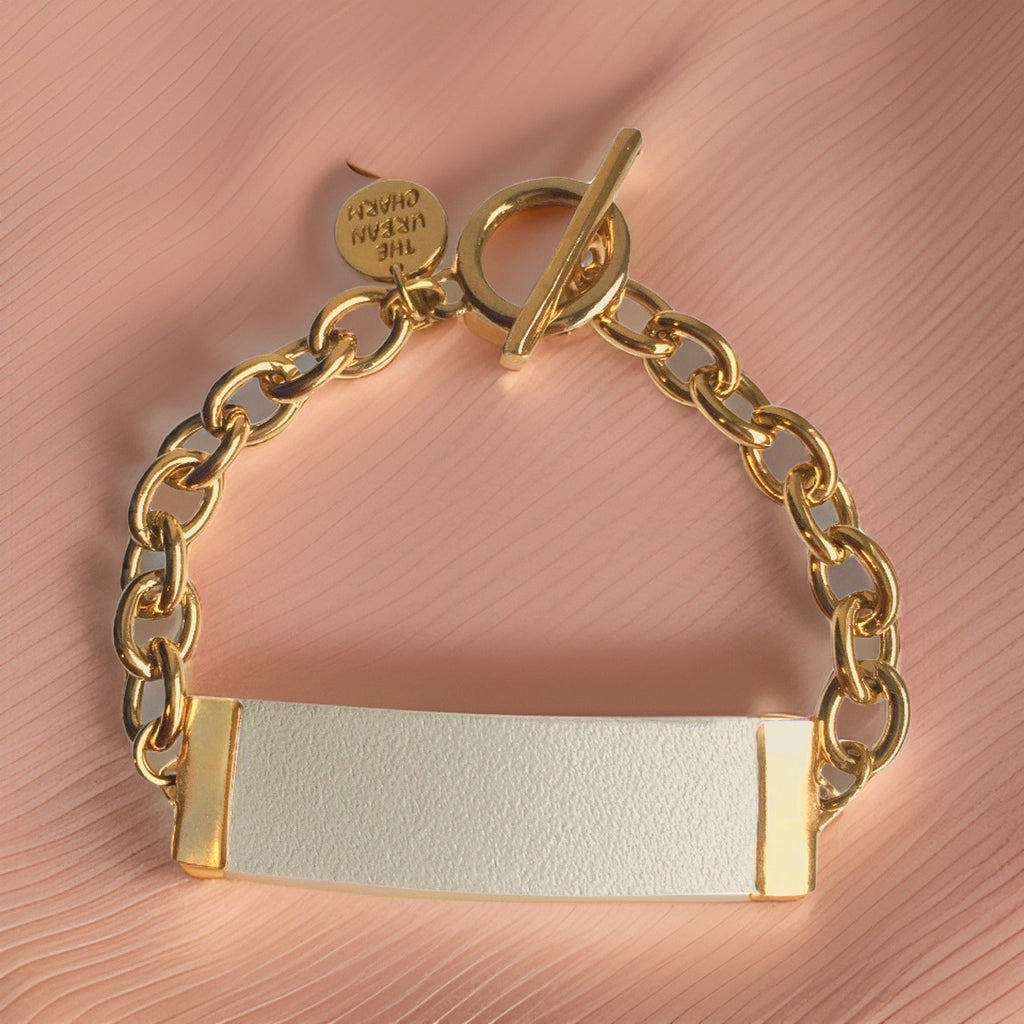 White Genuine Leather and Chain ID Charm Toggle Bracelet