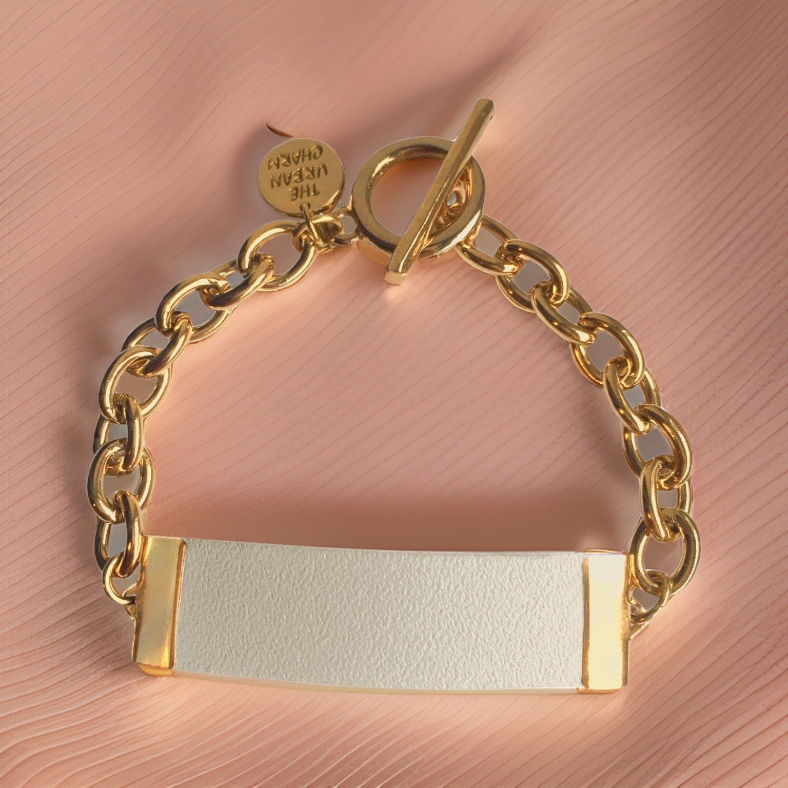 White Genuine Leather and Chain ID Charm Toggle Bracelet