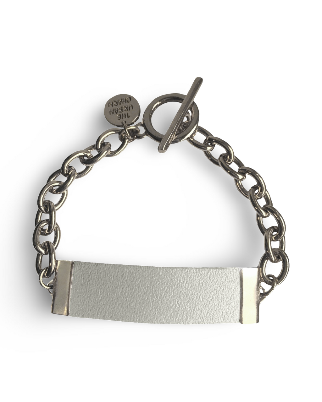 White Genuine Leather and Chain ID Charm Toggle Bracelet