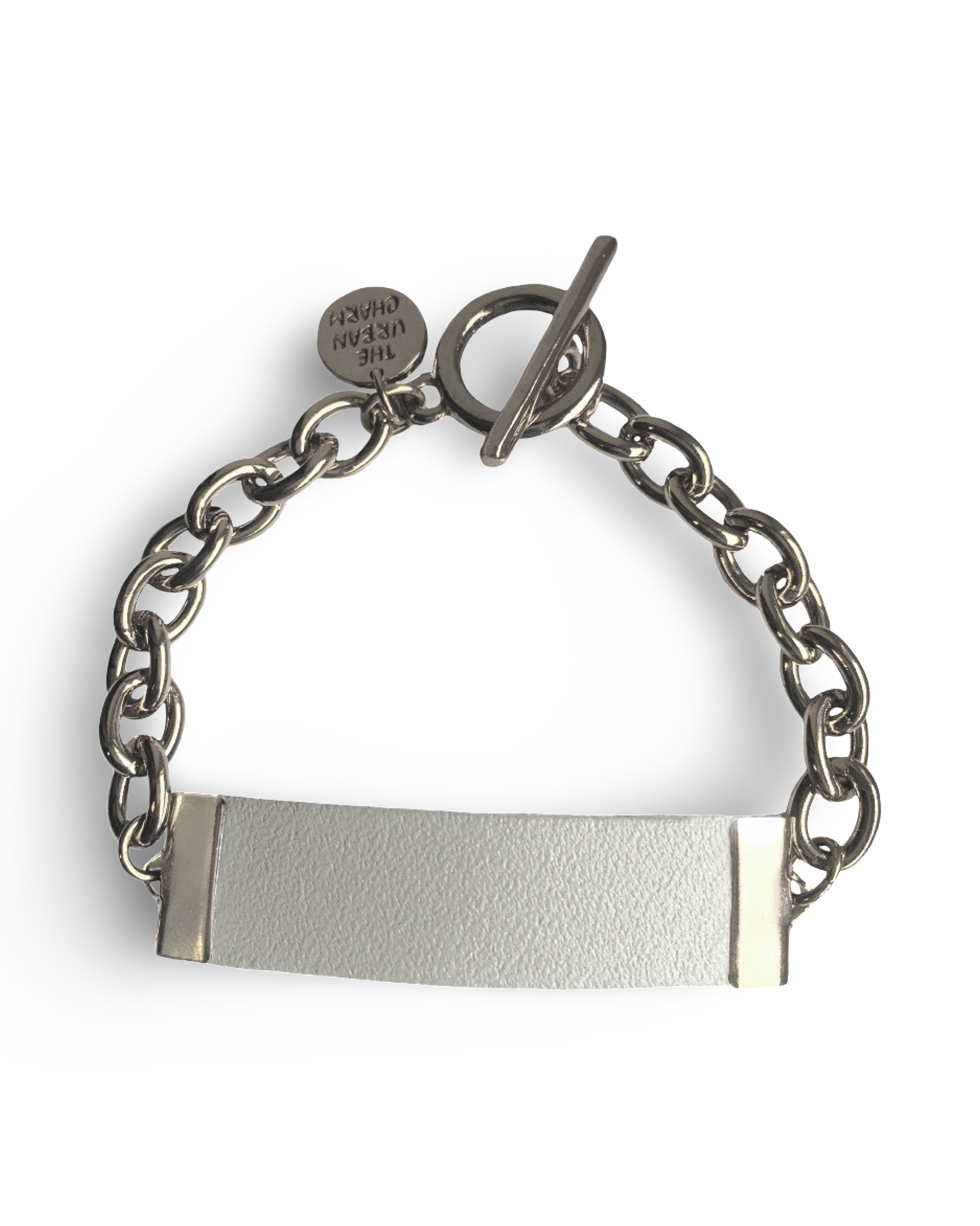 White Genuine Leather and Chain ID Charm Toggle Bracelet