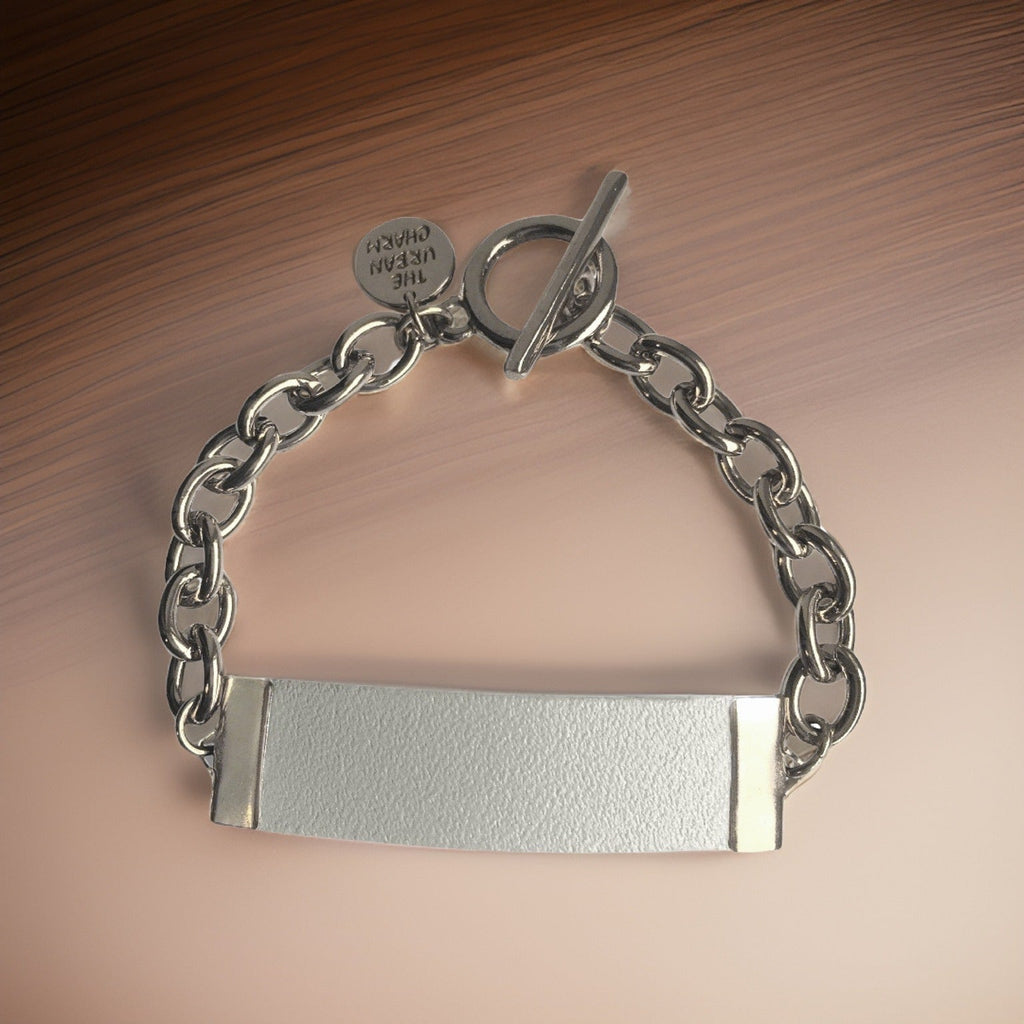 White Genuine Leather and Chain ID Charm Toggle Bracelet